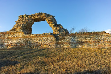 Sunset Panorama of Ruins of fortifications in ancient Roman city of Diocletianopolis, town of Hisarya, Plovdiv Region, Bulgaria