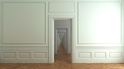 Interno architettonico vuoto con un'infinita sequenza di porte comunicanti, illustrazione 3d, rendering 3d. - obrazy, fototapety, plakaty