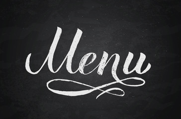 Menu hand written word on chalkboard background.. Calligraphy chalk lettering. Grunge vector illustration. Easy to edit template for café, bar, restaurant, wedding menu cards, etc.