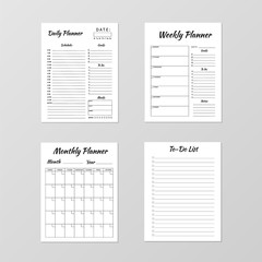 Daily, weekly, monthly planner, to-do list  template. Business organizer page. Set of minimalistic plannersRealistic paper sheets vector illustration.