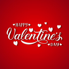 Valentines day greeting card. Happy Valentine’s Day hand lettering with hearts on red background.