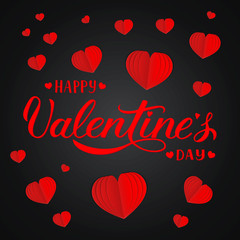 Happy Valentine’s day banner with calligraphy hand lettering and 3d paper cut hearts. Valentines day greeting card. Vector illustration. Easy to edit design template.