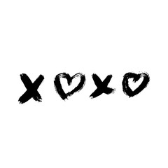 XOXO hand written phrase with heart isolated on white background. Hugs and kisses sign. Grunge brush lettering XO. Easy to edit template for Valentine’s day greeting card, poster, flyer, postcard.
