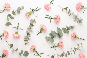 Flowers and eucaaliptus composition. Pattern made of various colorful flowers on white background....