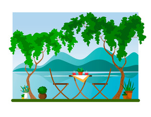 Chair and table with hot coffee at the growing trees overlooking the river and mountains. Vector illustration