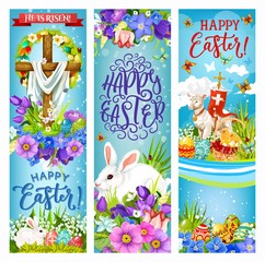 Naklejka premium Easter cross with eggs, bunnies, chick and flowers