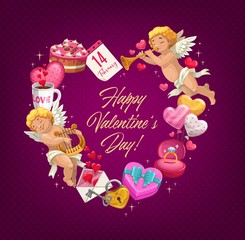 Valentine Day love heart with gifts. Greeting card