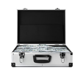 Open suitcase full of money on white background
