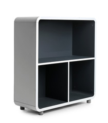 Stylish shelving unit with empty compartments on white background. Furniture for wardrobe room
