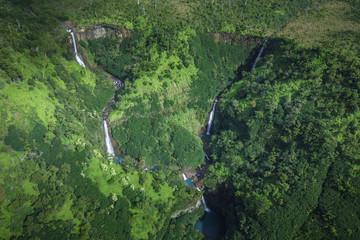 Five Sisters Waterfalls (Kahili Falls) in Kauai (aerial view)