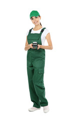 Female courier with terminal for contactless payment on white background