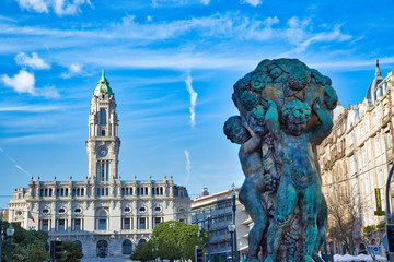 Porto, Portugal-October 19, 2017: Central Porto street, Avenida Dos Aliados and Garrett Monument in front of Municipality building