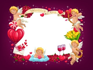 Obraz na płótnie Canvas Valentines Day love hearts and flying Cupids frame