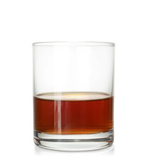 Glass of scotch whiskey on white background