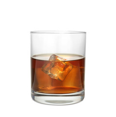 Glass of scotch whiskey on white background