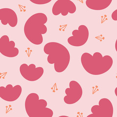 Pretty, feminine, pink floral seamless pattern. Cartoon style flowers in repeating design. Great for gift wrapping paper, textiles, kids fashion, stationery, home decor and scrapbooking paper. Vector.