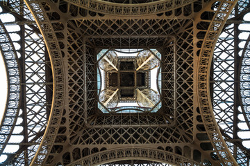 View on Eiffel tower from below in the evening, Paris