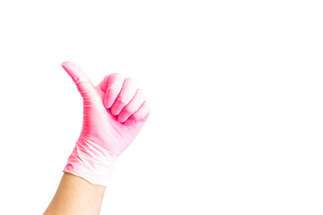 Female hands in white medical gloves showing like sign. 