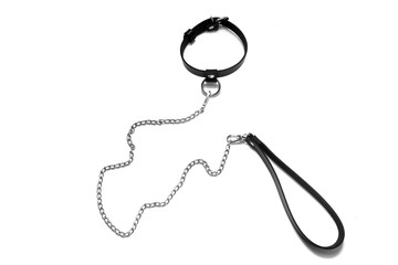 Collar with a leash on the neck isolated on a white background. View from above.