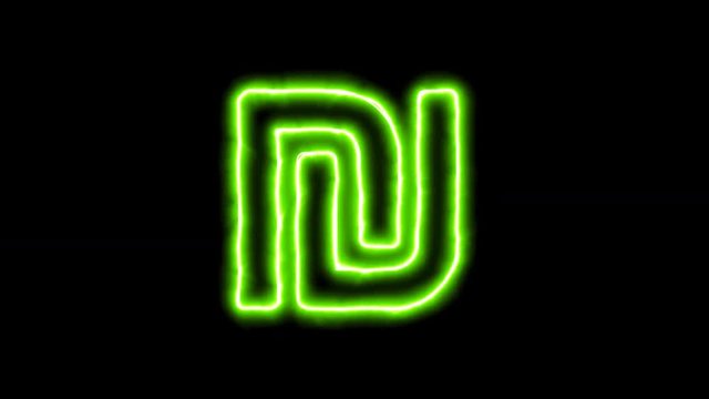 The appearance of the green neon symbol shekel sign. Flicker, In - Out. Alpha channel Premultiplied - Matted with color black