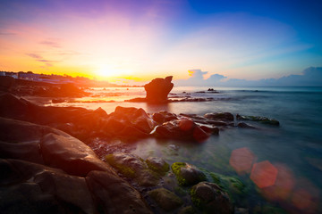 Strange rocks and moss in the morning at Co Thach beach tuy phong, Binh thuan province Vietnam
