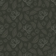 Seamless vector floral pattern with abstract flowers and leaves in monochrome black colors on dark background