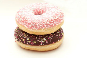 Chocolate and pink iced donuts