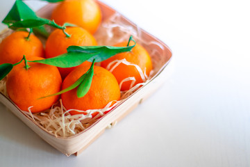 Tangerines with green leaves in a basket 