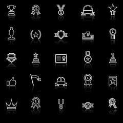 Winner line icons with reflect on black background