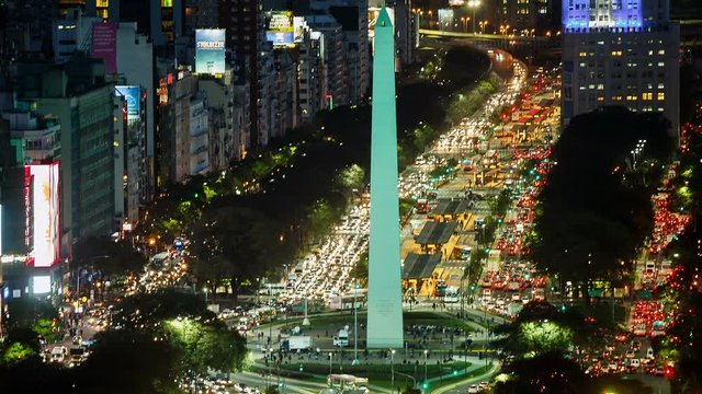 Night Aerial view of the Obelisco (Obelisck) and 9 de Julio Avenue at rush hour time-lapse. Buenos Aires city downtown, Argentina, Latin America