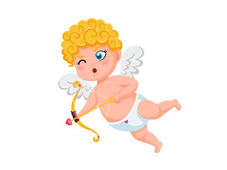 Funny cupid cartoon character with bow and arrow. Vector Illustration elements of a Valentine's Day. Isolated on white background