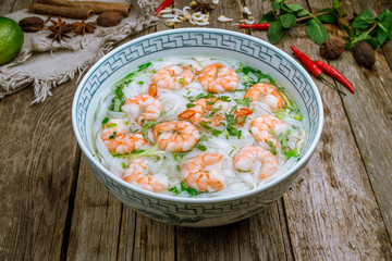 Vietnamese soup Pho with shrimps