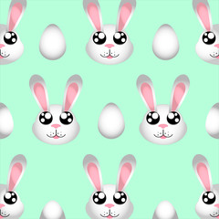 Happy Easter cute simple rabbit illustrations seamless pattern and Easter eggs isolated on blue background.