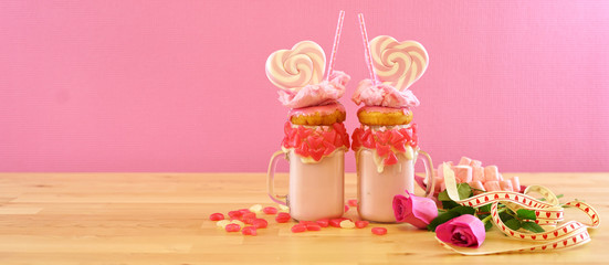 On-trend Valentine's Day table setting with pink strawberry freak shakes topped with heart shaped lollipops, donuts and cotton candy.