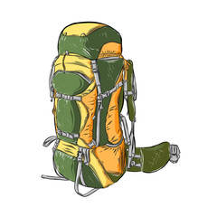 Hand drawn sketch of camping backpack in color isolated on white background. Detailed vintage style drawing. Vector illustration