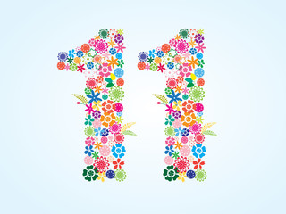 Vector Colorful Floral 11 Number Design isolated on white background. Floral Number Eleven Vector Typeface.