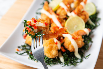 Fried Shrimp with Lime Cream Sauce and deep fried kale