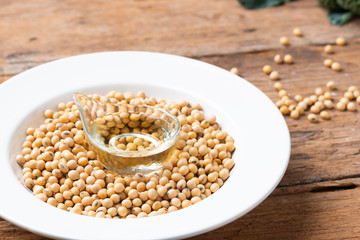 Soy bean and soy oil on  table