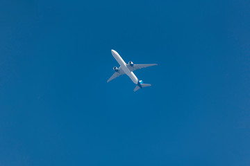 Fototapeta na wymiar a plane flying in the blue sky