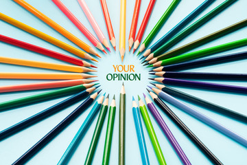Your opinion matters. group of color share opinion on blue background