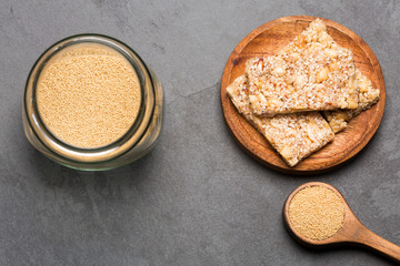 Amaranth seeds and bars - Amaranthus. Top view