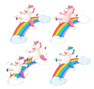 Set of happy unicorn slide on rainbow