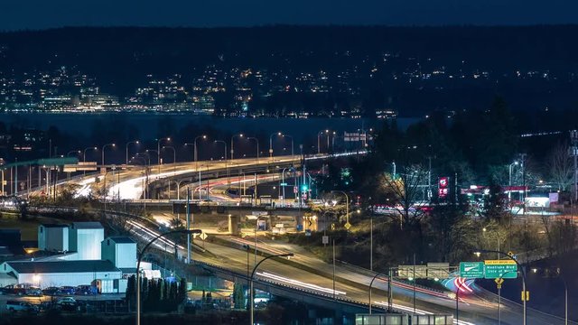 Cars in Motion Night Timelapse Zoom to Montlake and 520 Bridge Seattle