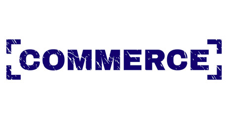 COMMERCE text seal print with corroded texture. Text title is placed between corners. Blue vector rubber print of COMMERCE with dirty texture.