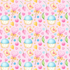 Seamless watercolor pattern with sweets, tulips, cherries and hearts in pink