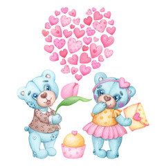 Obraz na płótnie Canvas Teddy bears, cupcakes, flowers and hearts watercolor set
