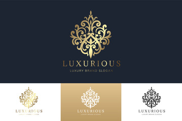 Luxury Logo Template  with Luxurious Golden monogram crest  and baroque style design for wedding invitation, Hotel, Boutique brand identity. Vector Illustration.