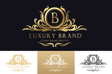 Luxury Logo Template  with Luxurious Golden monogram crest  and baroque style design for wedding invitation, Hotel, Boutique brand identity. Vector Illustration. - obrazy, fototapety, plakaty