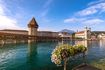 Lucerne (Luzern) Switzerland, city skyline at Chapel Bridge