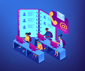 Customer service operators in headsets, phone and email contacts. Contact center, customer service point, customer relationship management concept. Ultraviolet neon vector isometric 3D illustration.